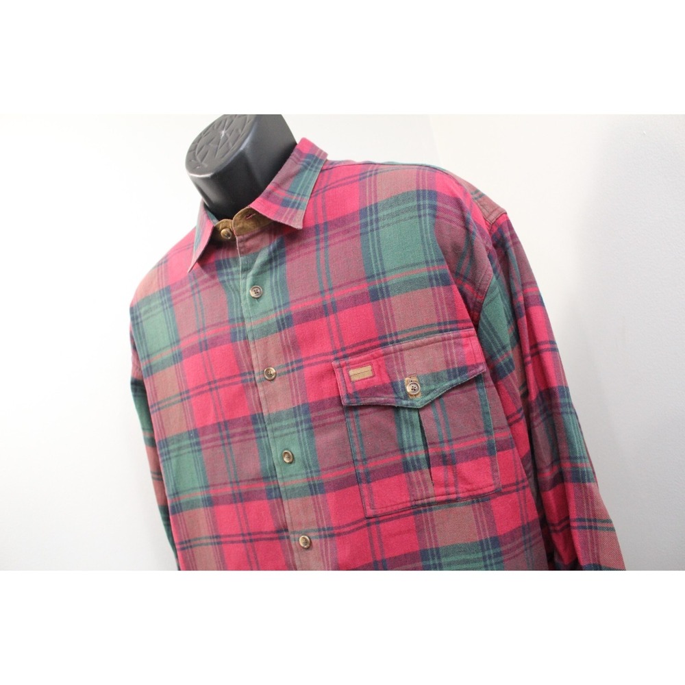 Orvis Suede Trim Button Up Dress Shirt Plaid Long Sleeve Casual Mens Size XL